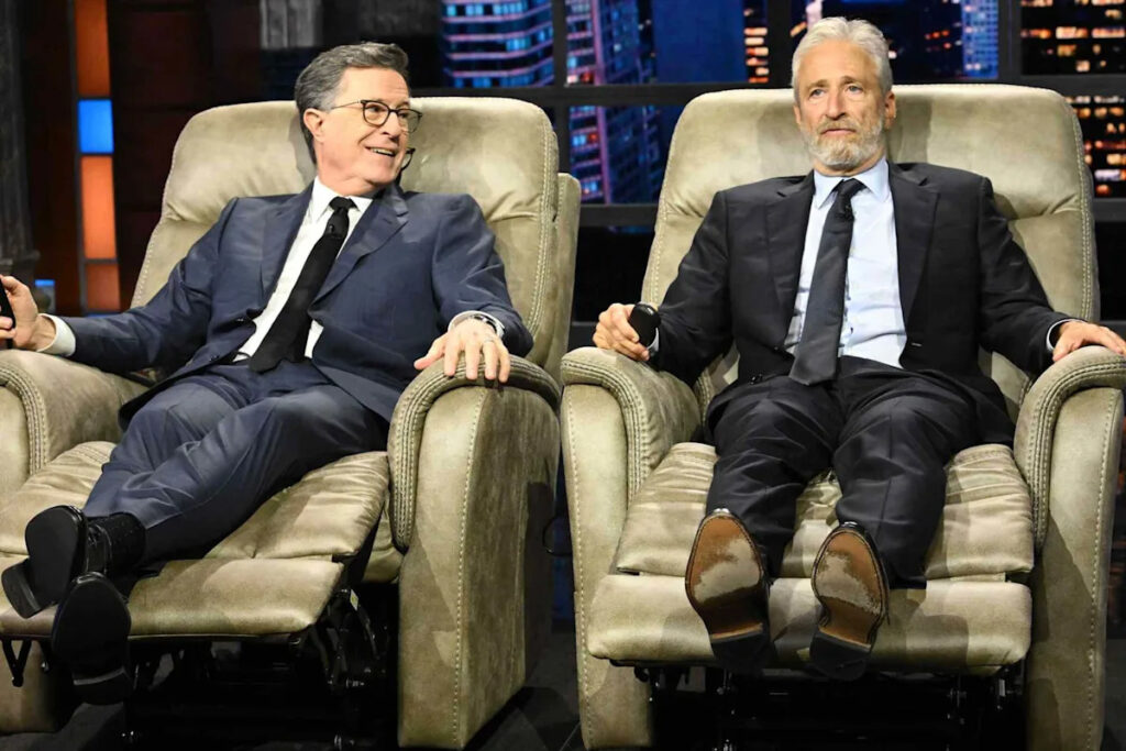 Jon Stewart surprises Stephen Colbert with a celebrity guest and a cancellation gift on “The Late Show”