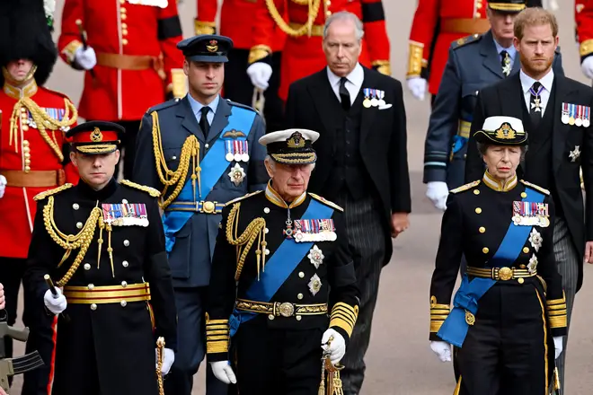 File photo dated 19/09/22 Prince of Wales, King Charles III, Earl of Snowdon, Princess Royal and the Duke of Sussex, walk behind the State Hearse ahead of the Committal Service for Queen Elizabeth II at St George's Chapel at Windsor Castle