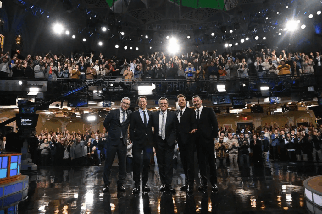 Stephen Colbert, Jimmy Kimmel, Seth Meyers, John Oliver, and Jimmy Fallon reunite on The Late Show tonight