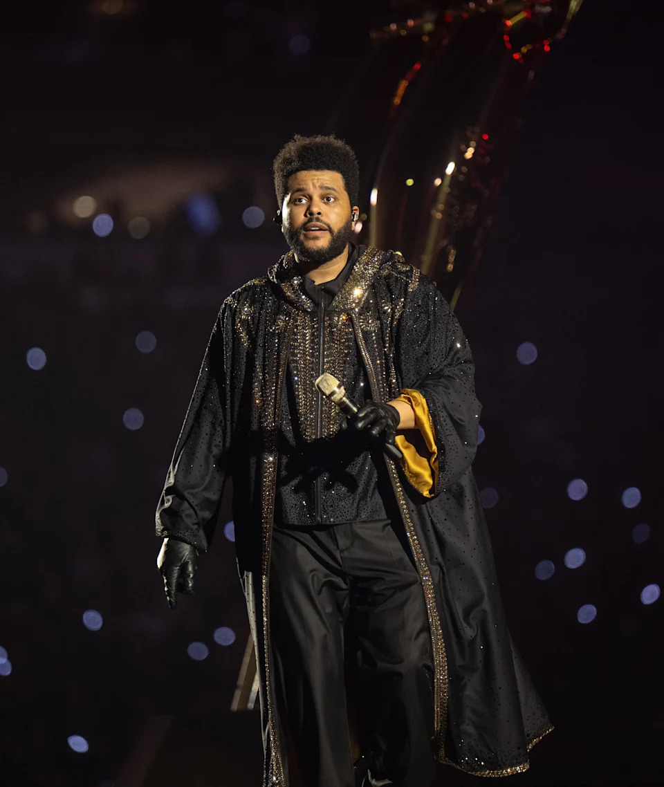 A performer on stage wearing a sequined cape and gloves, holding a microphone during a concert