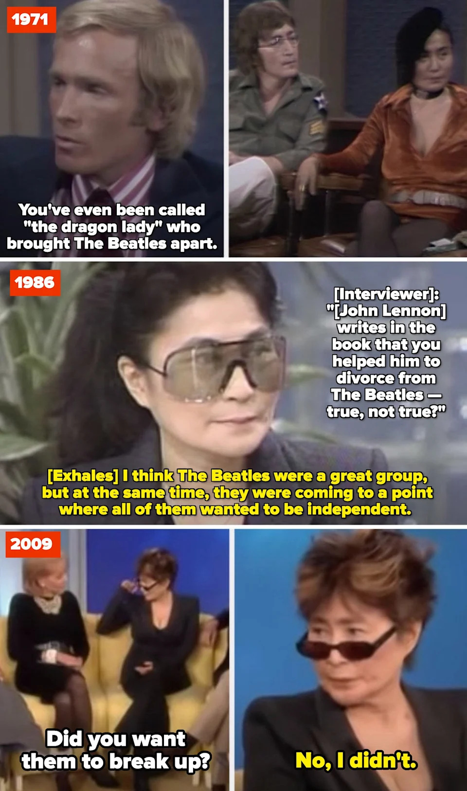 A timeline with Yoko Ono interviews from 1971, 1986, and 2009 discussing her alleged role in The Beatles' breakup, denying she wanted them to split