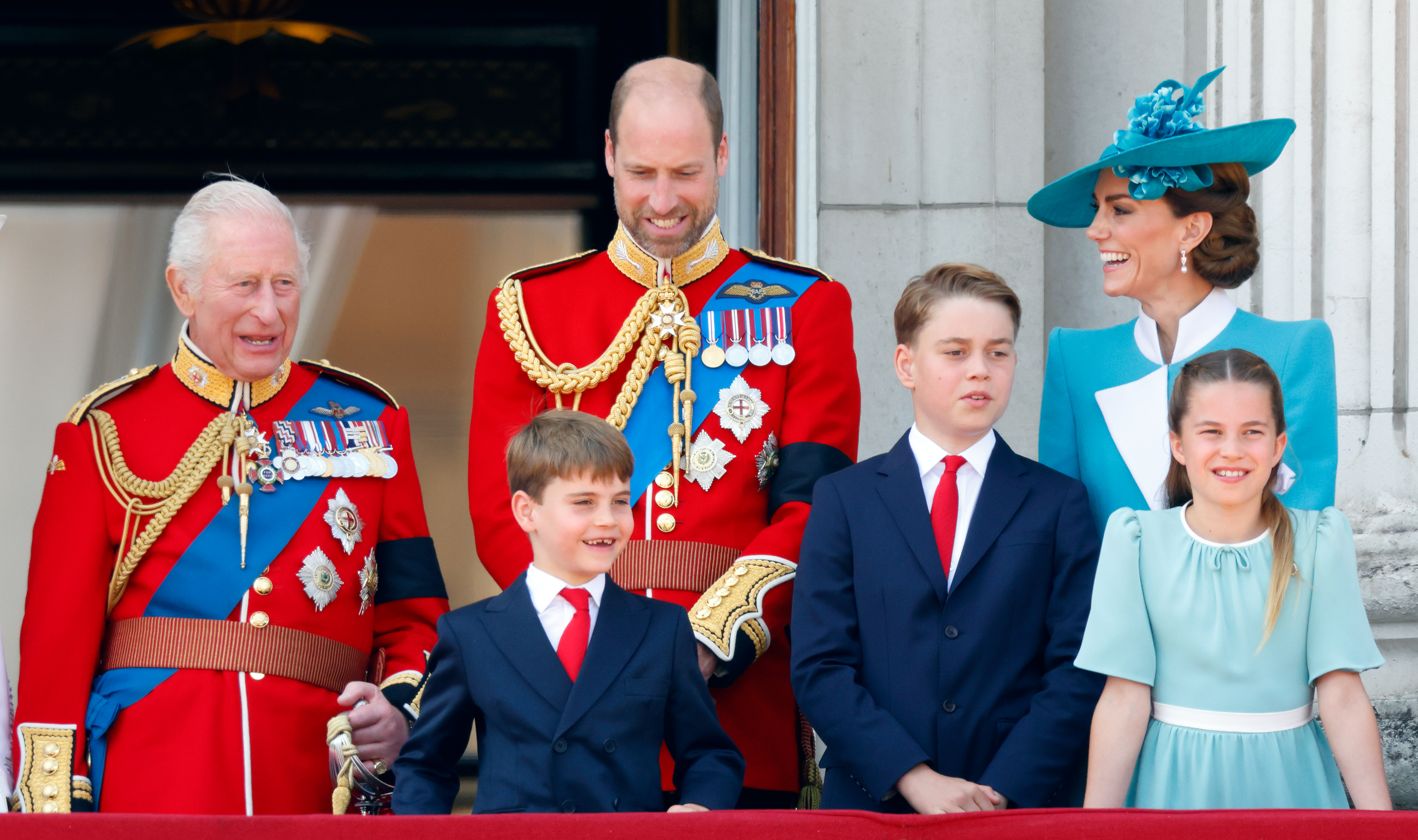 King Charles, Prince Louis, Prince William, Prince George, Princess Charlotte and Princess Kate at Trooping the Colour