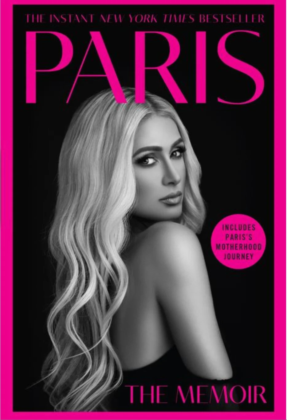 Book cover titled "Paris: The Memoir" featuring a woman with long hair looking over her shoulder. Text mentions it includes her motherhood journey