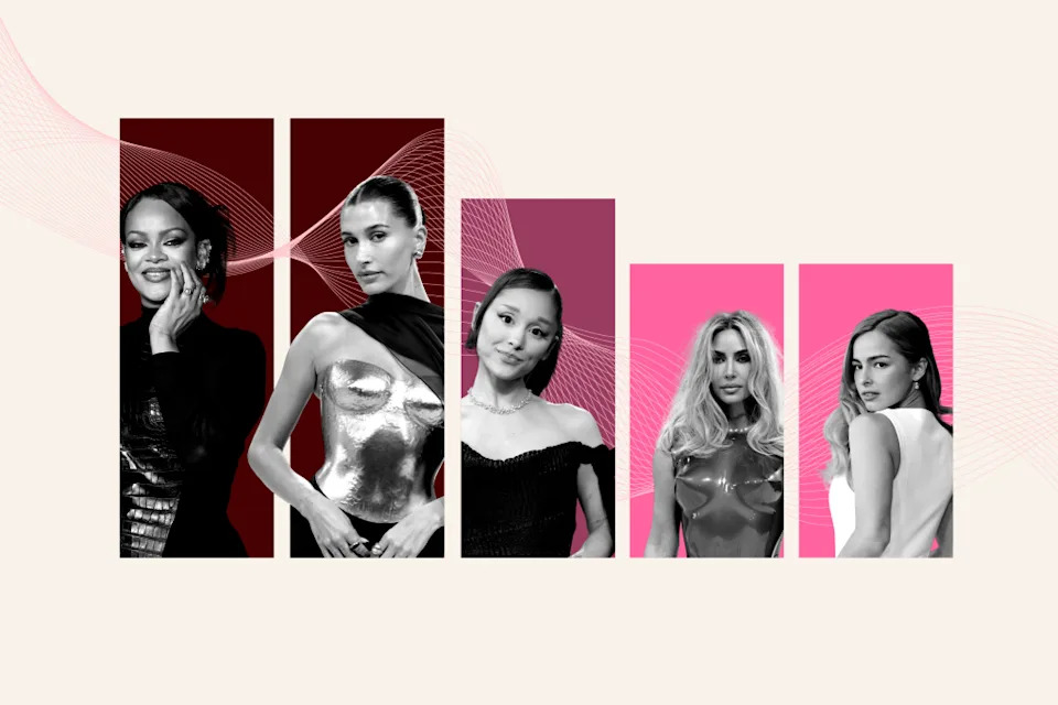 Celebrity beauty brand owners Rihanna (L); Hailey Bieber; Ariana Grande; Kim Kardashian; and Addison Rae