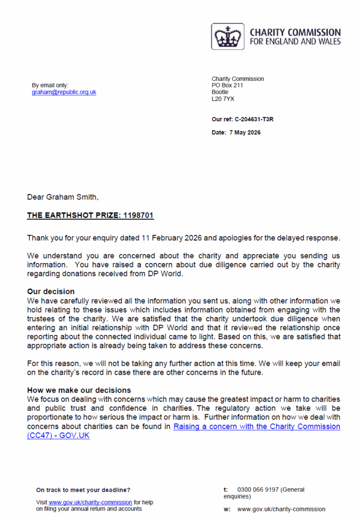 Earthshot cleared of any wrongdoing by The Charity Commission