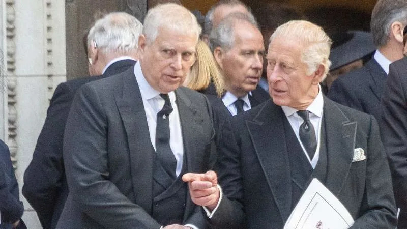 Andrew Mountbatten-Windsor and King Charles III seen outside Westminster Cathedral after the Requiem Mass service in 2025. By: MEGA