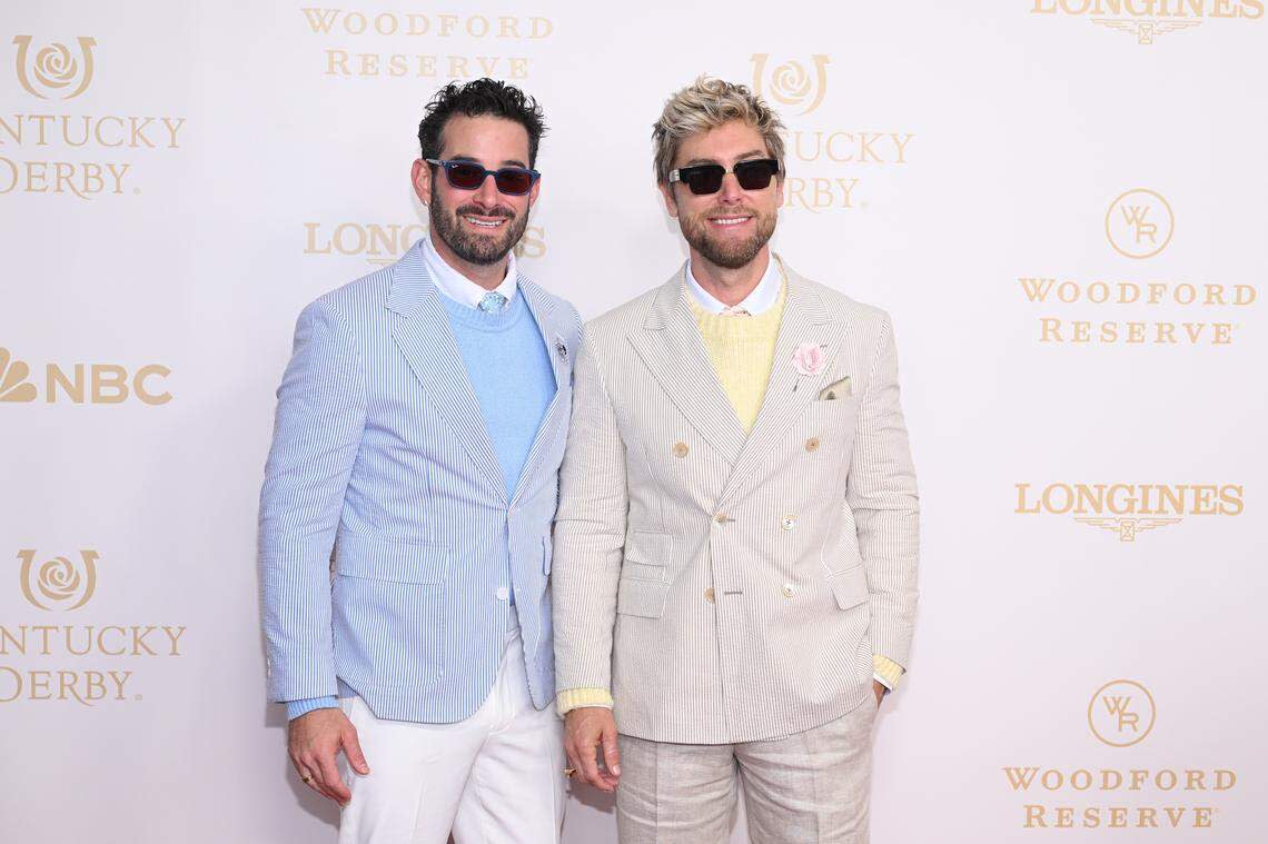 LOUISVILLE, KENTUCKY - MAY 02: (L-R) Michael Turchin and Lance Bass attend the Kentucky Derby 152 at Churchill Downs on May 02, 2026 in Louisville, Kentucky. 