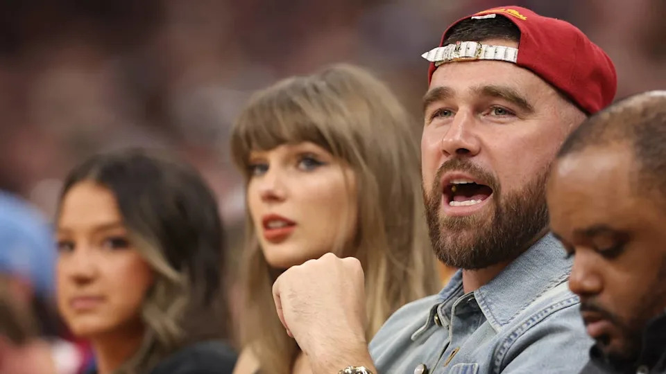 May 23, 2026; Cleveland, Ohio, USA; Travis Kelce reacts during second quarter between the New York Knicks and Cleveland Cavaliers during game three of the eastern conference finals for the 2026 NBA playoffs at Rocket Arena. Mandatory Credit: Scott Galvin-Imagn Images© Scott Galvin-Imagn Images