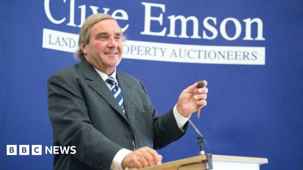 Clive Emson holding a gavel while standing at a lectern. He is wearing a dark thin-striped suit and a striped blue and white tie.