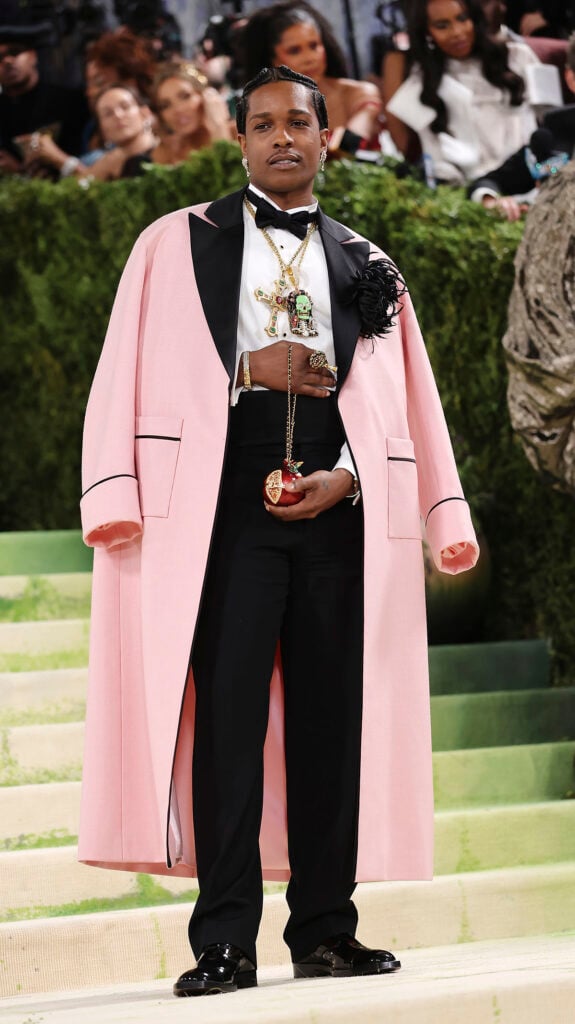 A$AP Rocky wearing a pink Chanel robe coat with black lapels at the 2026 Met Gala