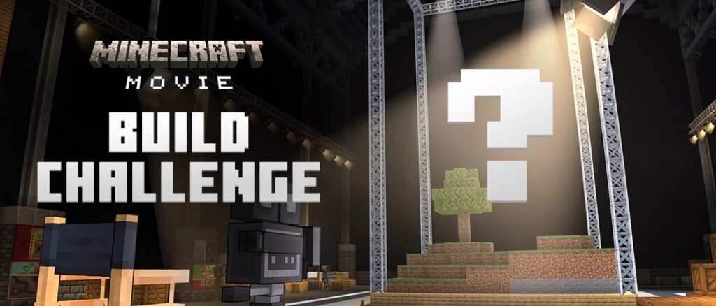 A screenshot of a movie set built in Minecraft. The text overlay says 'Minecraft Movie Build Challenge'
