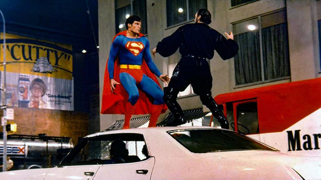 Christopher Reeve as Superman battling Terence Stamp as Zod in Superman II