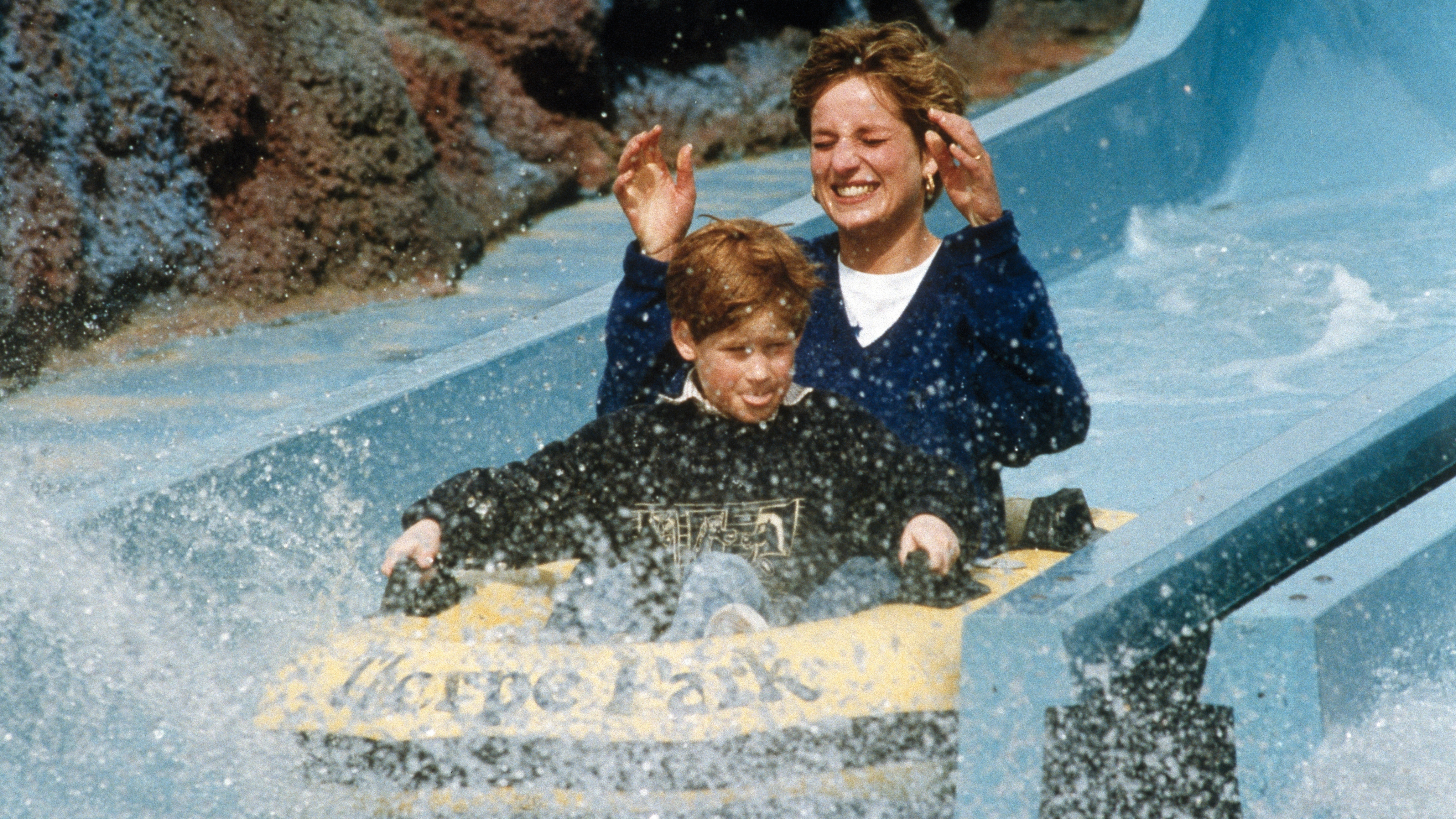 Diana, Princess of Wales, with Prince Harry on the Depth Charge ride at Thorpe Park, Theme Park, on April 18, 1992