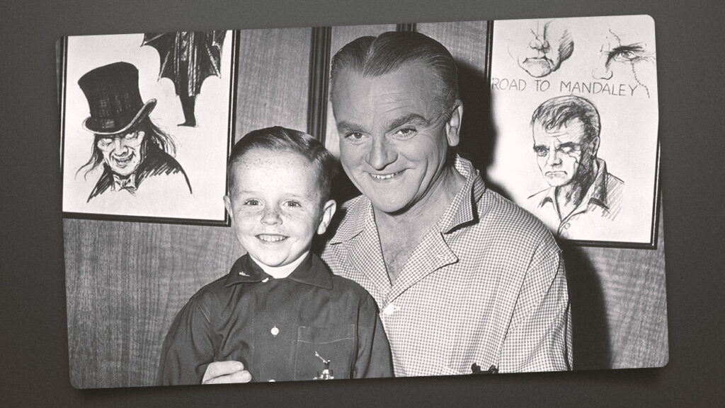Dennis Rush (left) with James Cagney at an on-set party in 1957 for ‘Man of a Thousand Faces.’