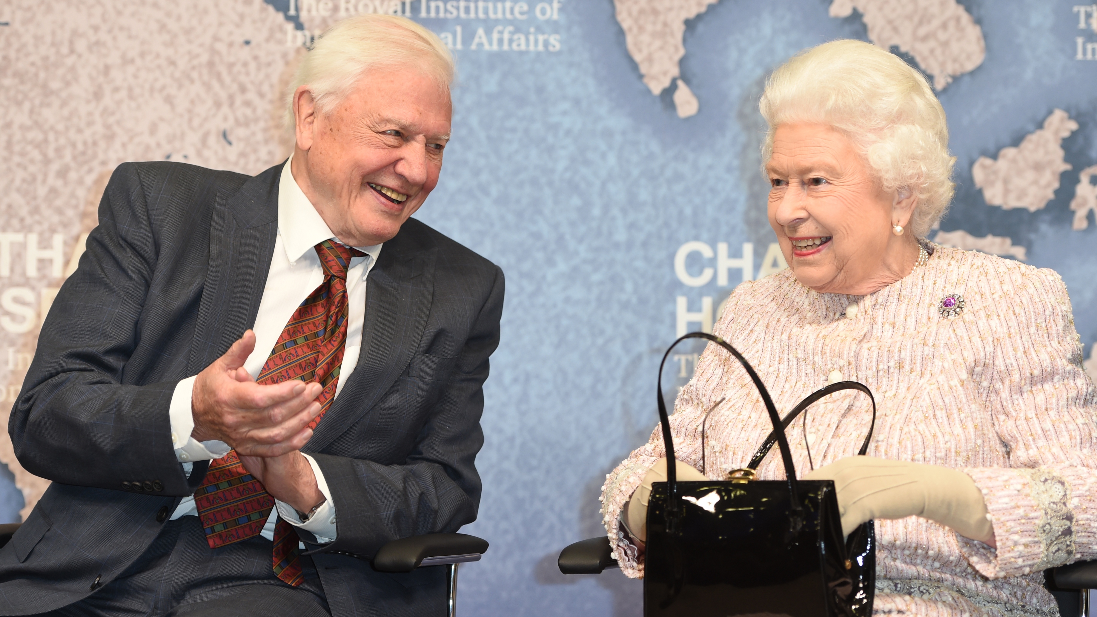 Queen Elizabeth II presents the Chatham House Prize 2019 to Sir David Attenborough at the Royal institute of International Affairs, Chatham House on November 20, 2019