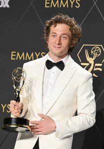 Jeremy Allen White, winner of the Outstanding Lead Actor in a Comedy Series award for "The Bear," poses in the press room at the 75th Primetime Emmy Awards held at the Peacock Theater on January 15, 2024 in Los Angeles, California.