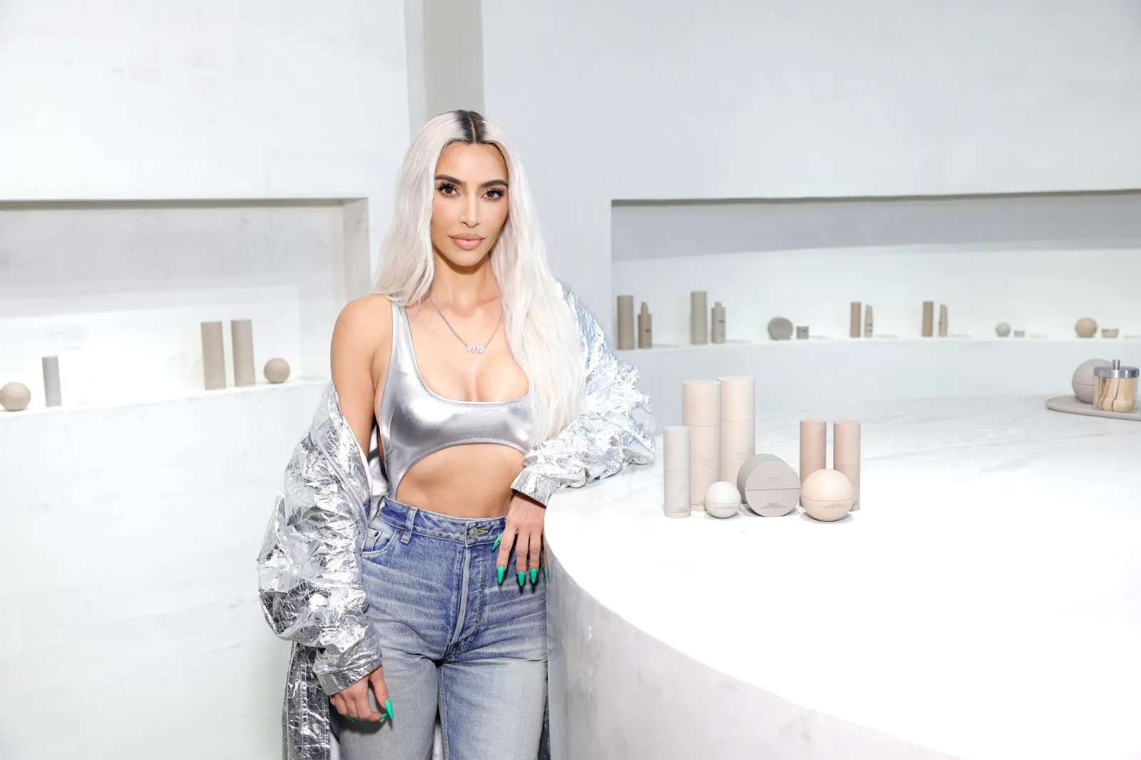 Kim Kardashian visits the SKKN by KIM holiday store on November 16, 2022, in Century City, California.