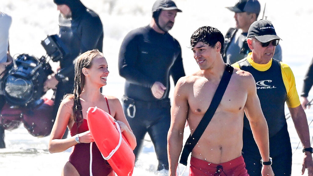 Watch the First Baywatch Reboot Promo With Livvy Dunne, Brooks Nader Jessica Belkin and Noah Beck are seen on the set of Baywatch on March 17, 2026 in Venice, California.