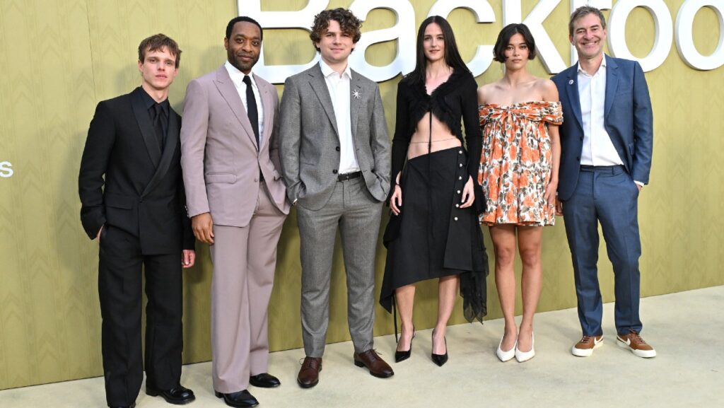 Finn Bennett, Chiwetel Ejiofor, Kane Parsons, Renate Reinsve, Lukita Maxwell and Mark Duplass attend an event for 'Backrooms'