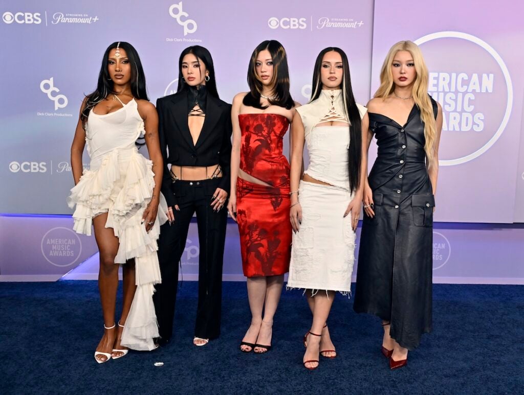 KATSEYE members Lara Raj, Sophia, Megan, Daniela and Yoonchae in McQueen Spring 2026 at the 2026 American Music Awards