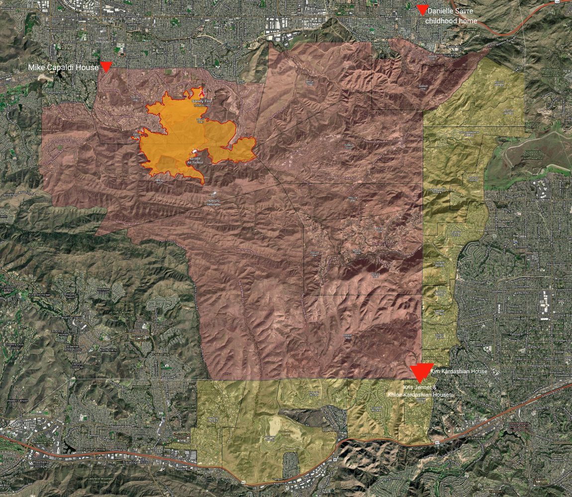 A map shows celebrity homes at risk in the Simi Valley fire.
