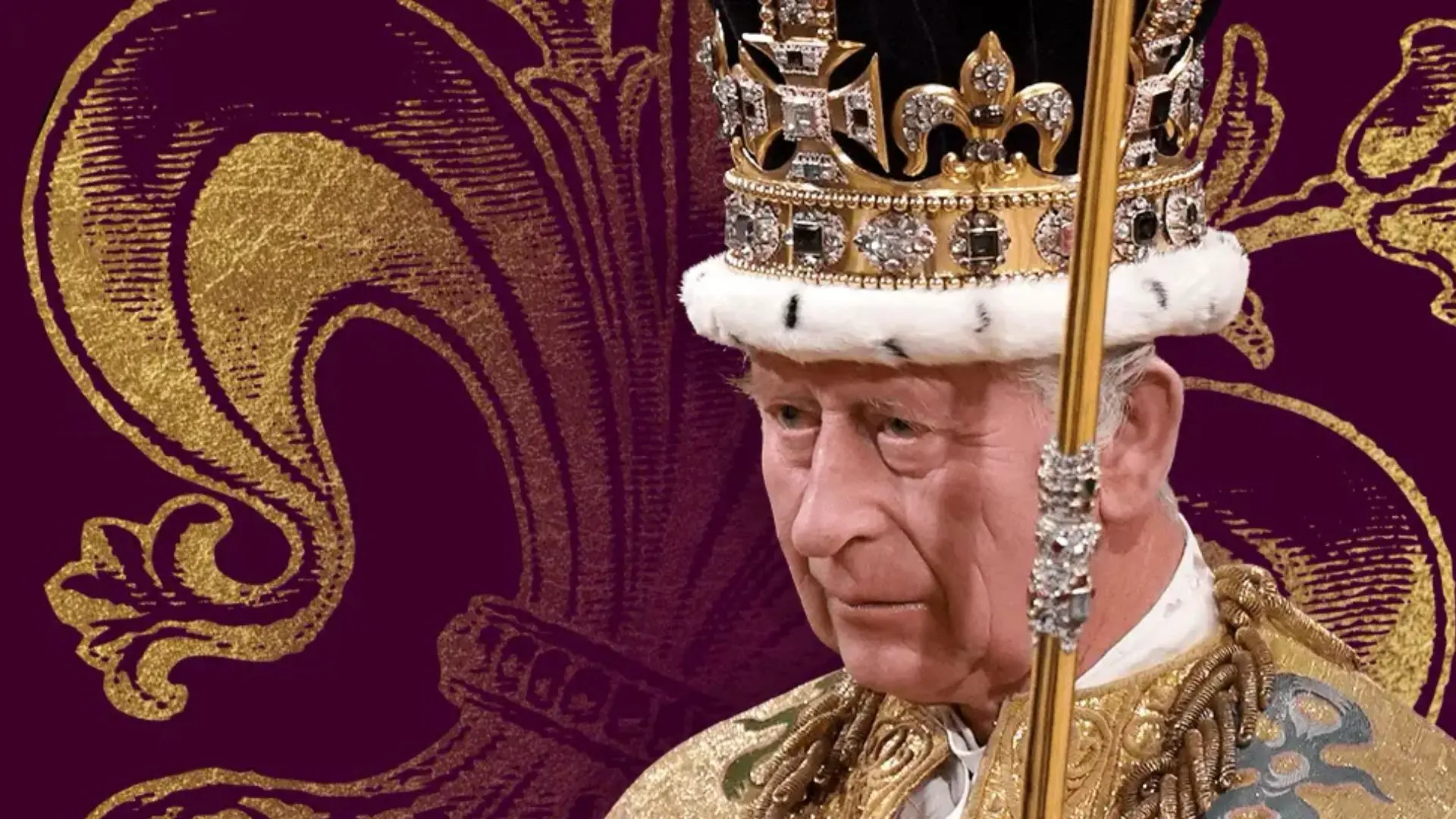 King Charles III in ceremonial coronation robes and crown against a decorative royal purple background
