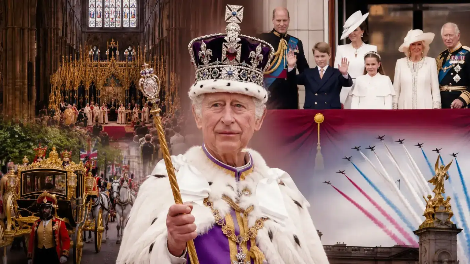 King Charles III Coronation Ceremony Highlights King Charles III wearing the Imperial State Crown during the coronation ceremony with royal processions and Buckingham Palace scenes