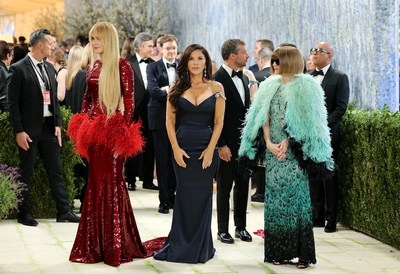 Lauren Sánchez served as an honorary chair at the 2026 Met Gala. Pictured here before the opening number with co-chairs Nicole Kidman and Anna Wintour.
