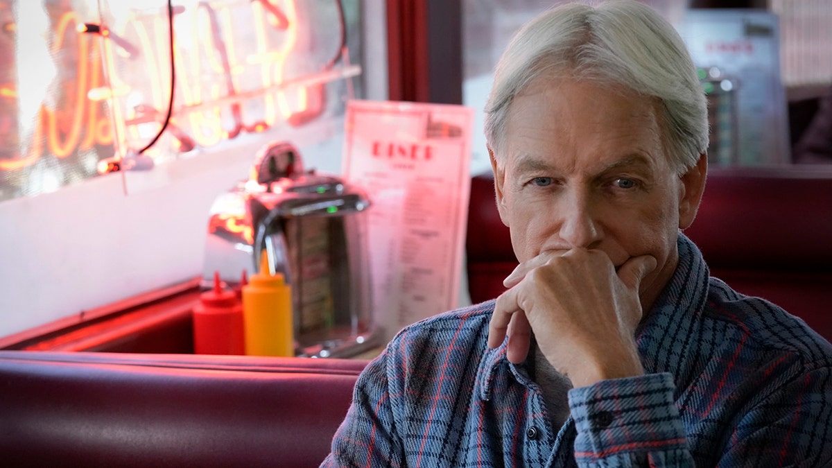 Mark Harmon as NCIS Special Agent Leroy Jethro Gibbs standing in a dark room