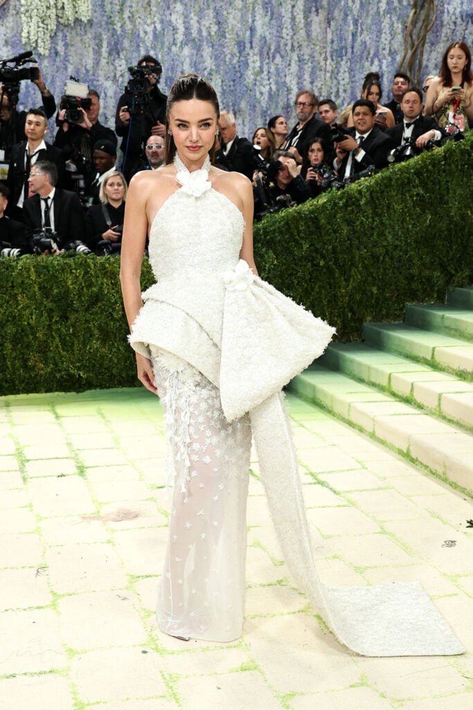 Miranda Kerr wearing custom Dior organza top and georgette skirt with floral embroidery at the Met Gala