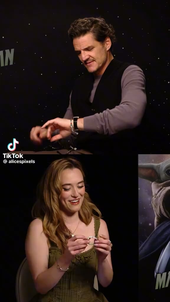 Grogu getting a friendship bracelet that says “The Baby” and Pedro Pascal getting one that says “Hey Kiddo”