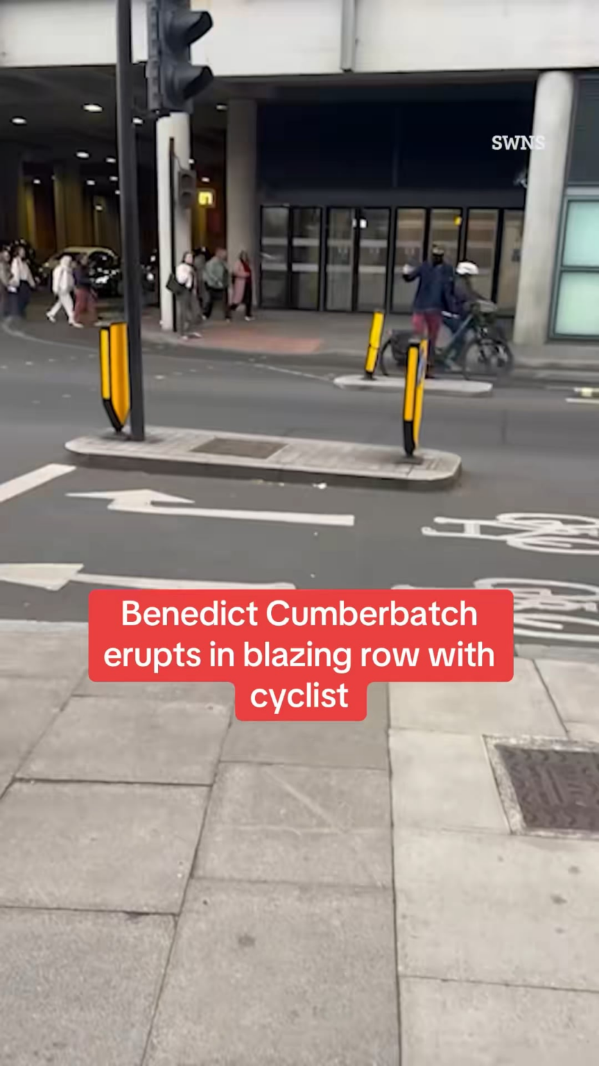 Benedict Cumberbicycle has an argument with a fellow cyclist