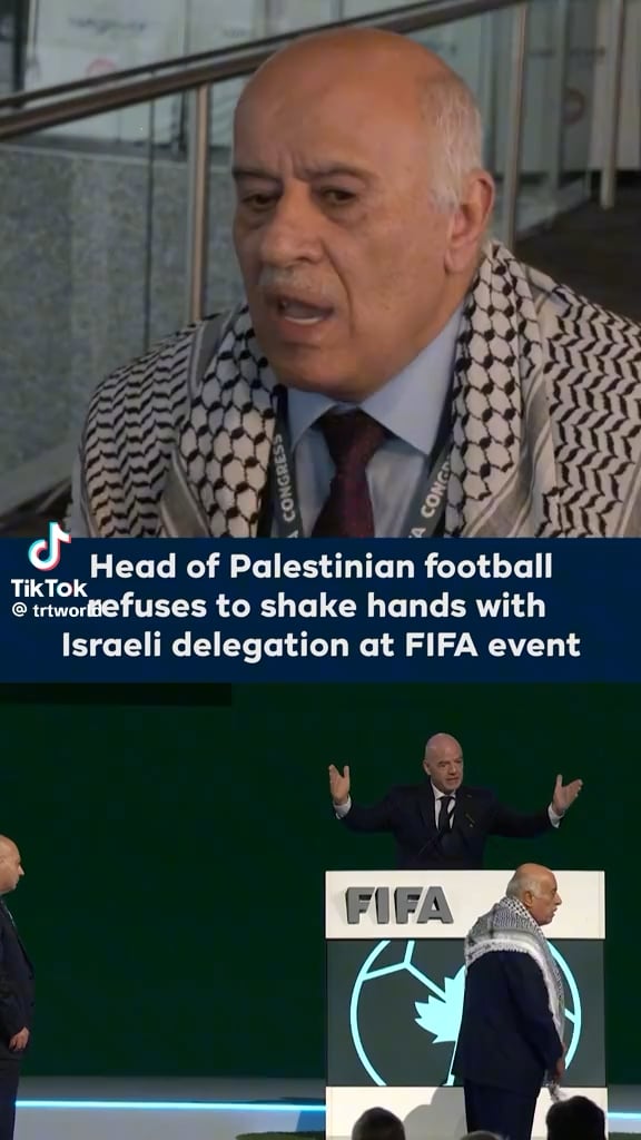 Palestinian Football Association president Jibril Rajoub speaks out after his refusal to shake hands with Israel's representative at the Fifa congress went viral. “I cannot shake the hand of someone the Israelis have brought to whitewash their fascism and genocide!”