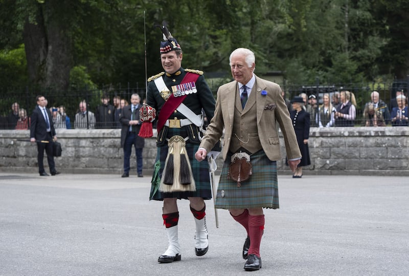 The King inspects the Balaklava Company, 5th Battalion, The Royal Regiment of Scotland, at the gates of Balmoral