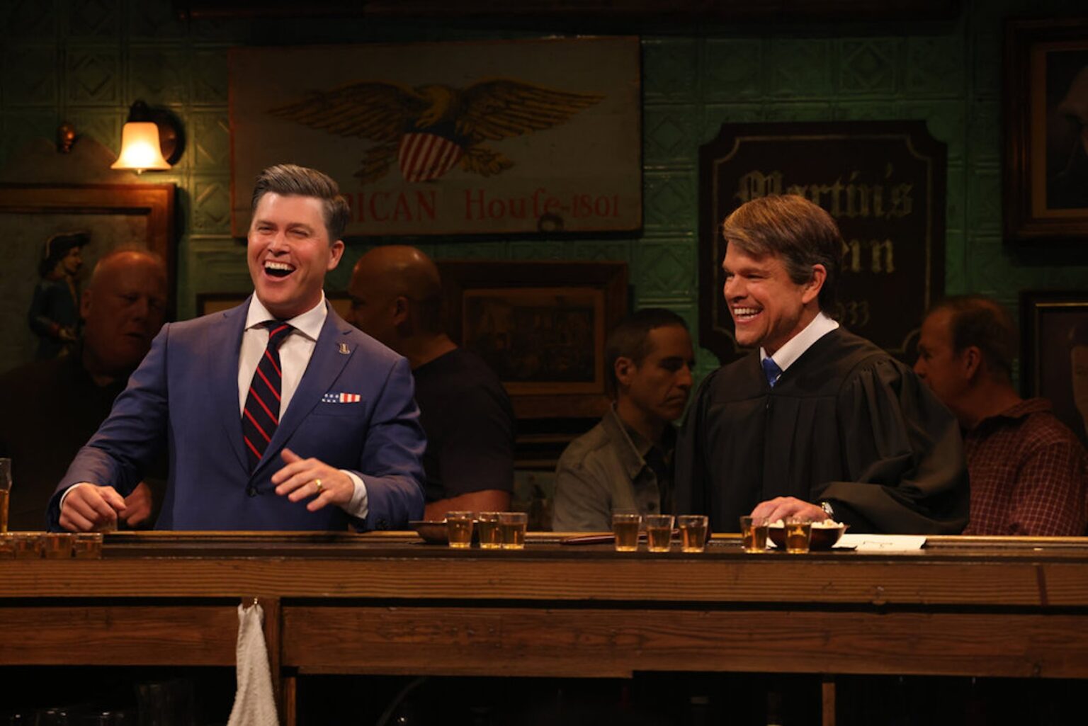 Colin Jost as Pete Hegseth and Matt Damon as Brett Kavanaugh during the “Kavanaugh Hegseth Patel” Cold Open on Saturday, May 9, 2026. (Photo by Caro Scarimbolo/NBC)