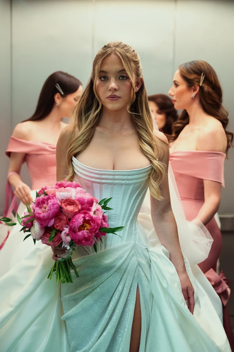 Sydney Sweeney’s ‘Euphoria’ character, Cassie, wears a wedding dress ahead of her marriage to Jacob Elordi’s character, Nate Jacobs. In episode six of season three.
