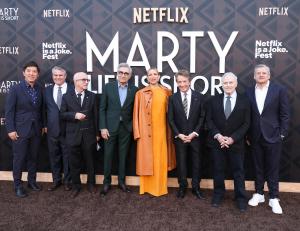 Dan Lin, Adam Del Deo, Paul Shaffer, Eugene Levy, Kate Hudson, Martin Short, Lawrence Kasdan and Ted Sarandos at the "Marty, Life is Short" Los Angeles premiere held at The Egyptian Theatre on May 06, 2026 in Los Angeles, California.