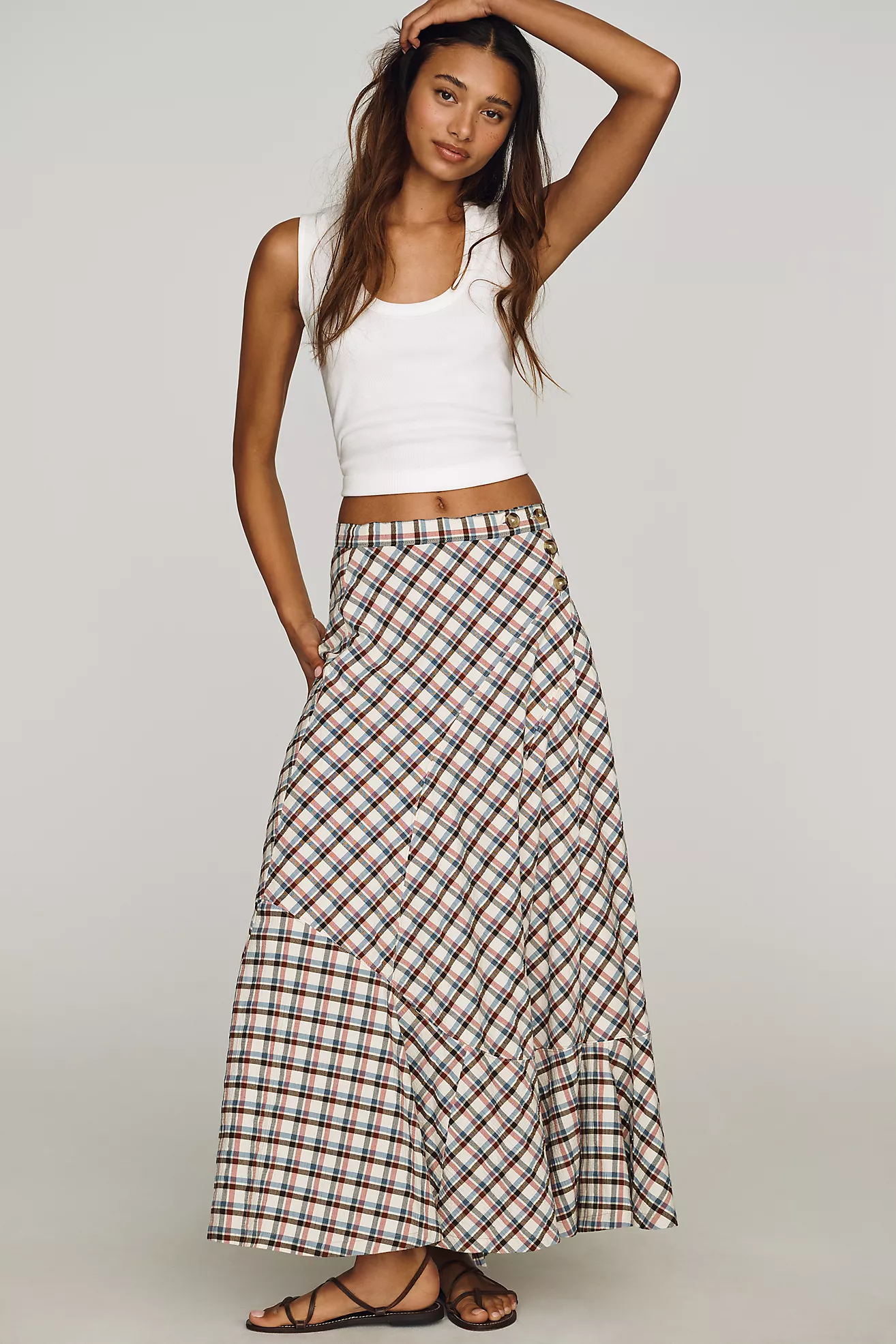 By Anthropologie Seamed Plaid Wrap Maxi Skirt