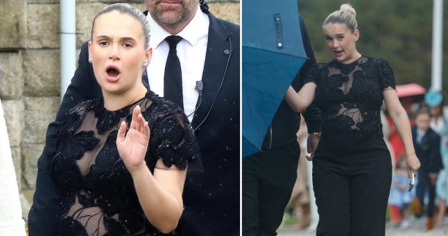 A split image of Molly-Mae Hague attending Venezuela Fury's wedding in a black jumpsuit.