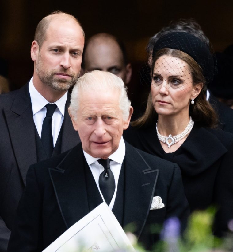 LONDON, ENGLAND - SEPTEMBER 16: King Charles III, Prince William, Prince of Wales and Catherine, Princess of Wales attend the funeral of The Duchess of Kent at Westminster Cathedral on September 16, 2025 in London, England. Katharine, Duchess of Kent was married Prince Edward, Duke of Kent, the first cousin of Queen Elizabeth II. She died on September 4 at the age of 92 at Kensington Palace surrounded by her family. Having converted to Catholicism in 1994, her funeral takes place at Westminster Cathedral and is the first Catholic funeral to be held for a member of the royal family in modern British history. Her Royal Highness will be laid to rest at the Royal Burial Ground at Frogmore, Windsor. (Photo by Samir Hussein/WireImage)