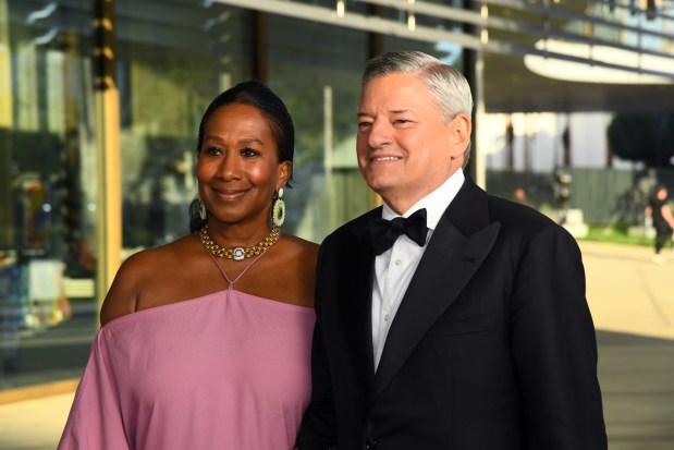 LOS ANGELES, CALIFORNIA - APRIL 16: (L-R) Nicole Avant and Ted Sarandos attend LACMA's Opening Gala for the David Geffen Galleries at Los Angeles County Museum of Art on April 16, 2026 in Los Angeles, California. (Photo by Alberto E. Rodriguez/Getty Images)