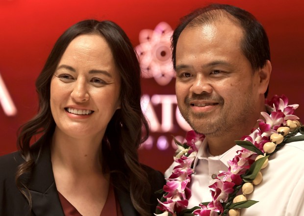 Aya chef Roy Ellamar and wife Jennifer Murphy-Ellamar make an appearance on the red carpet at the grand opening of Graton Resort and Casino's rooftop restaurant, AYA, Thursday, May 7, 2026, near Rohnert Park. (Kent Porter / The Press Democrat)