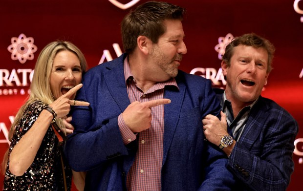 Celebrity chef and Healdsburg restaurant owner Dustin Valette, middle, with Jessica and Jonathan Wilhelm on the red carpet at the grand opening of Graton Resort and Casino's rooftop restaurant, AYA, Thursday, May 7, 2026, near Rohnert Park. (Kent Porter / The Press Democrat)