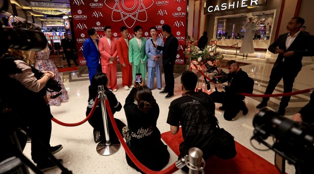 Hey Brother are interviewed on the red carpet by Mario Lopez at the grand opening of Graton Resort and Casino's rooftop restaurant, AYA, Thursday, May 7, 2026, near Rohnert Park. (Kent Porter / The Press Democrat)