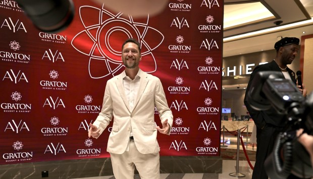 Former San Francisco Giants right fielder Hunter Pence walks the red carpet at the grand opening of Graton Resort and Casino's rooftop restaurant, AYA, Thursday, May 7, 2026, near Rohnert Park. (Kent Porter / The Press Democrat)