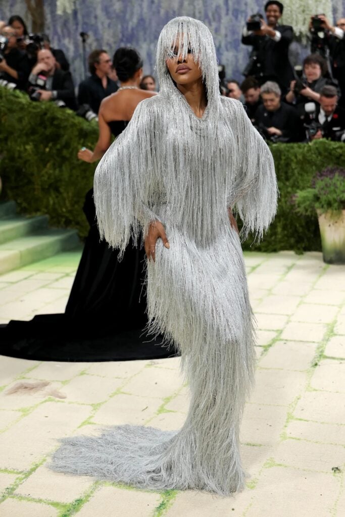 Teyana Taylor in custom Tom Ford fringed silver look at the 2026 Met Gala
