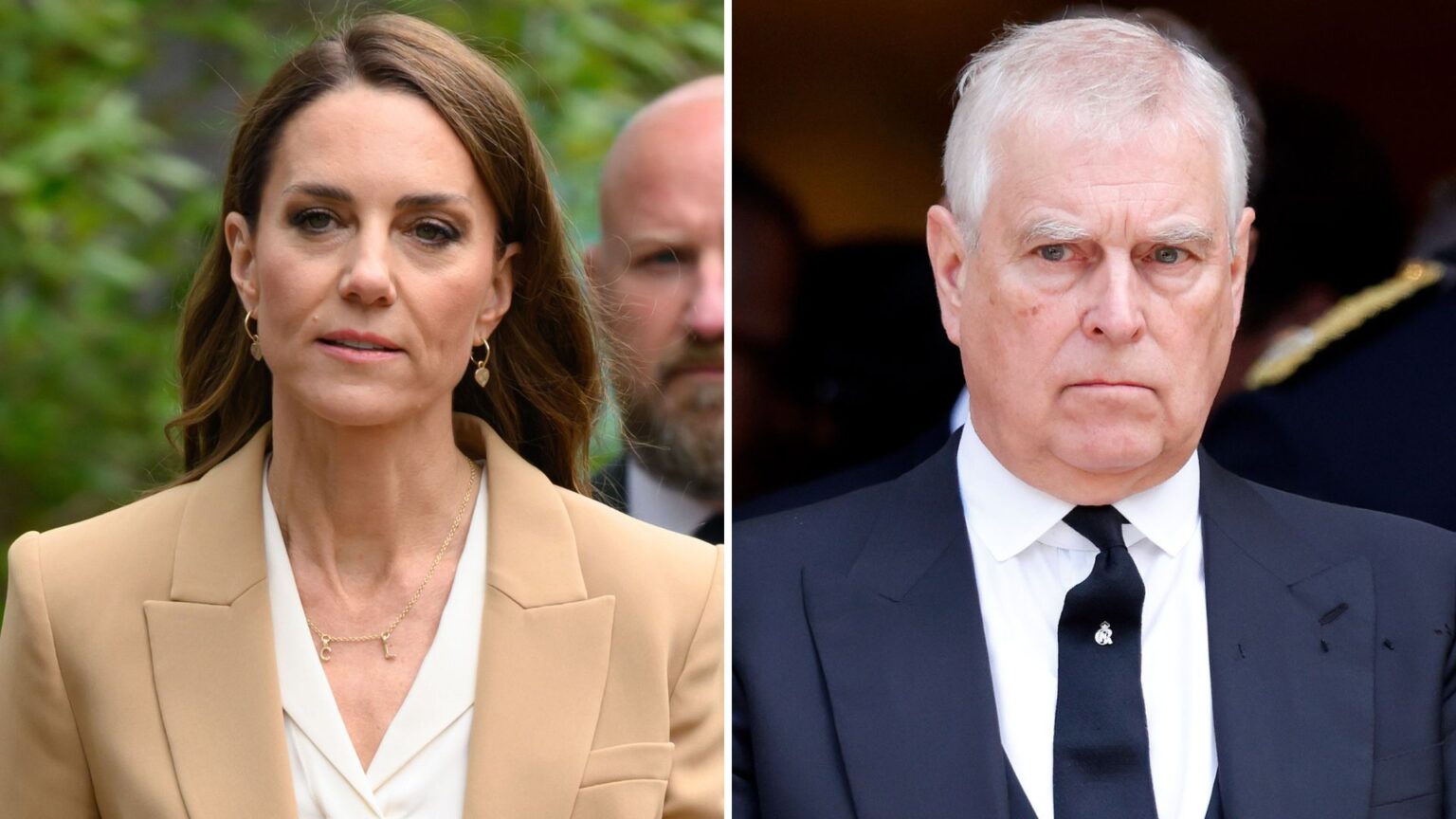 A composite of a picture of Kate Middleton in 2026 and a picture of Andrew Mountbatten-Windsor in 2025