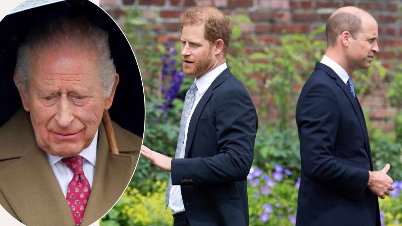 A comp image of King Charles looking down next to Princes Harry and William standing with their backs to one another