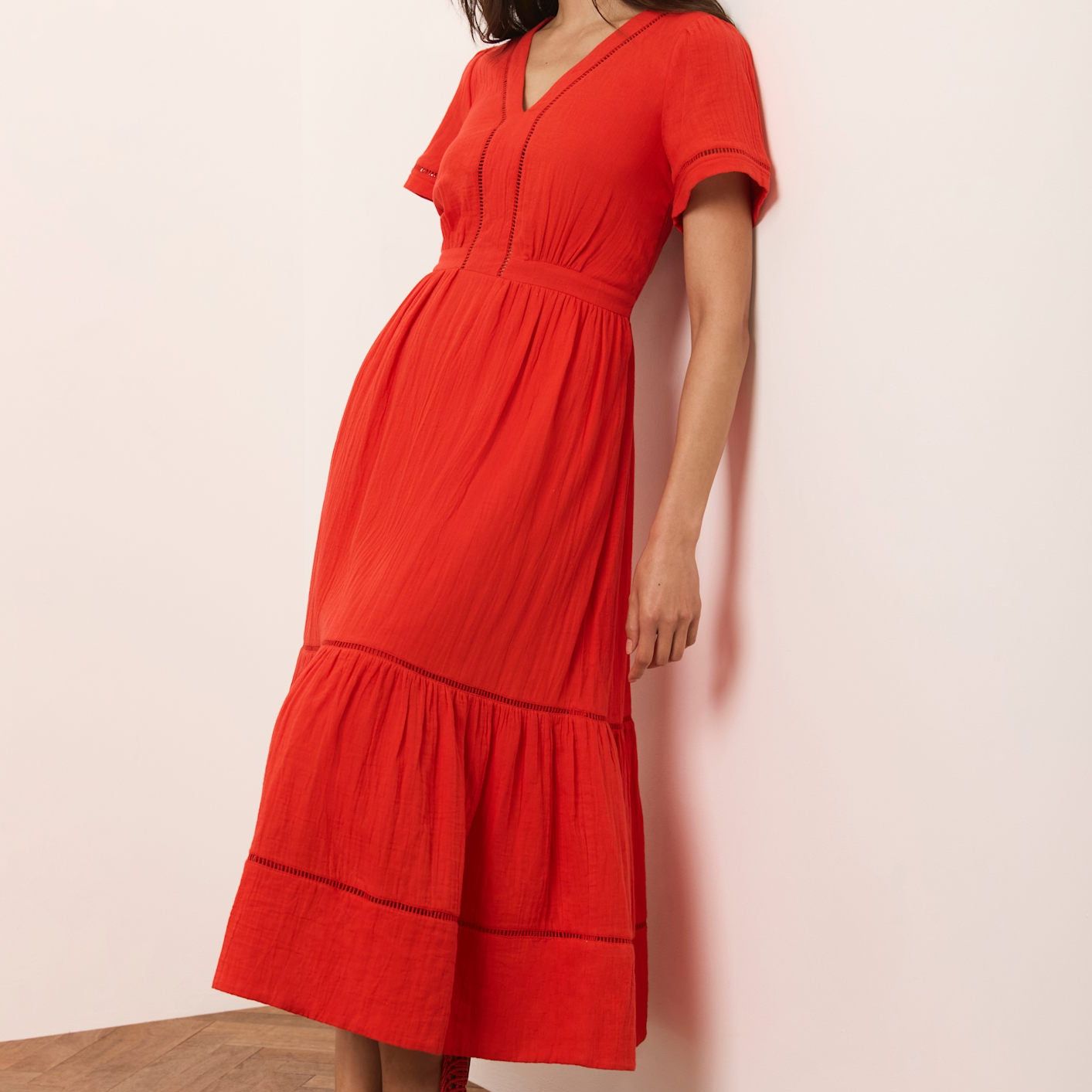 Red Cotton Cheesecloth Midi Dress