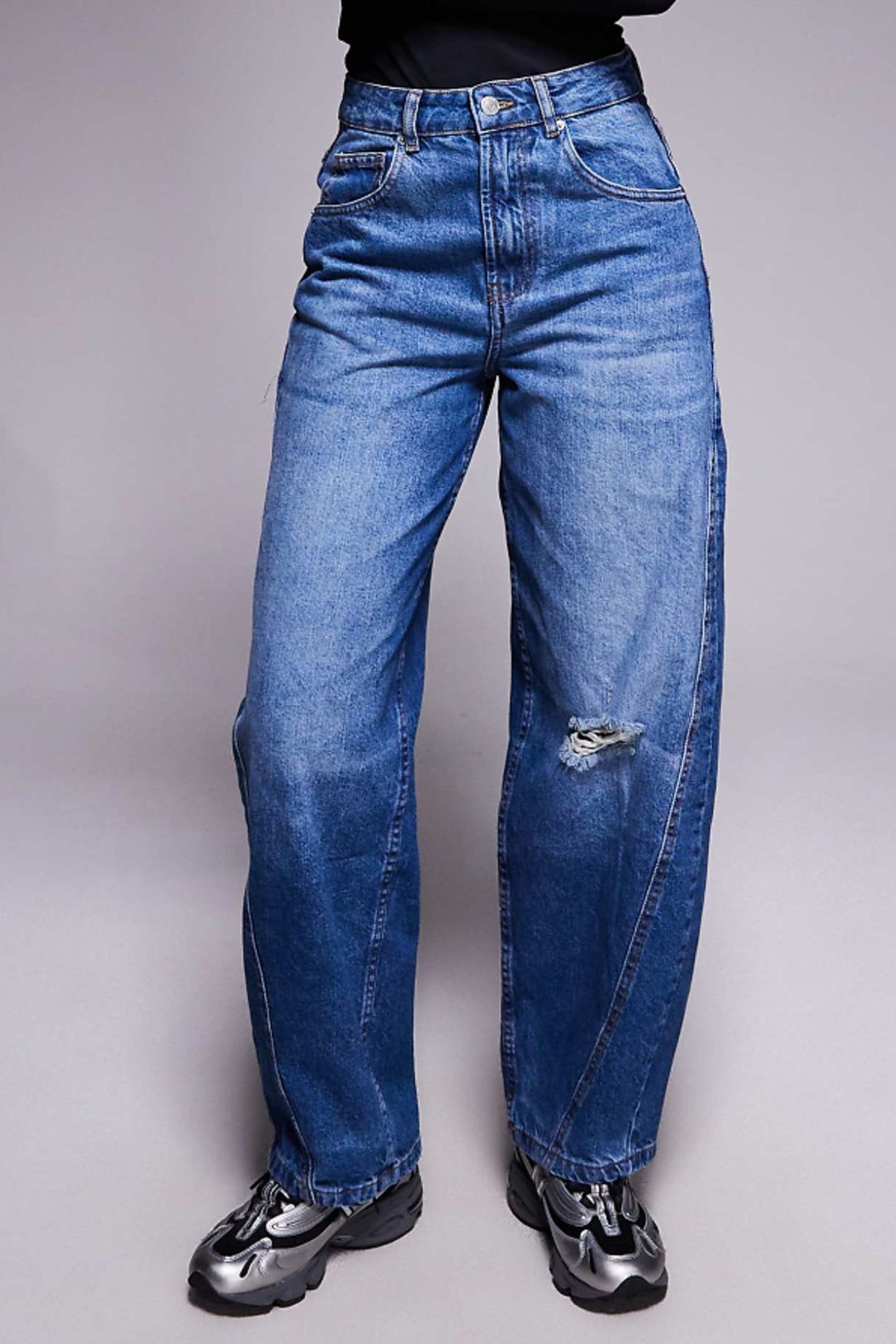 Asos Design Barrel Leg Jeans With Paneling and Cinching in Midwash With Rips